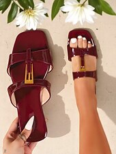 abordables Sandales de Robe-Sandales plates à bride en T en cuir verni pour femmes avec boucle dorée pour les rendez-vous décontractés et le style urbain estival