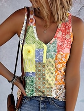 billige Boho tank topp-Dame Camisole Tank Top Grafisk Geometrisk Årgang Stilfull Etnisk Ermeløs V-hals Vanlige topper Daglig Trykt mønster Gul Blå Lilla Grønn Sommer Vår