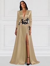 levne Koktejlové šaty-Black Tie A-Line večerní šaty elegantní šaty formální svatba délka po zem dlouhý rukáv V-výstřih elastický satén s třpytivým zdobením