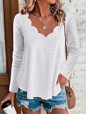 cheap Plain Tops-Women&#039;s Blouse Solid Color Basic Casual Long Sleeve V Neck Regular Tops Daily Eyelet Black White Pink Khaki Summer