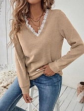 abordables Couleurs unies-Femmes Haut d&#039;épissage en dentelle Couleur Unie Élégant Occasionnel manche longue Col en V Hauts Réguliers Quotidien Dentelle Patchwork Noir Blanche Bleu Beige Gris Printemps Automne Hiver