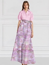 economico FLORALI-Abito da sera elegante A-Line in broccato jacquard floreale con colletto a camicia e tasca in nylon con tasca