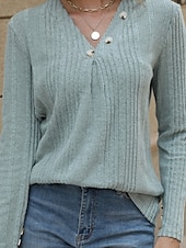 preiswerte Einfarbige Farben-Damen Bluse Einfach Modern Lässig Langarm V Ausschnitt Normale Oberteile Täglich Ausgehen Knöpfe Schwarz Blau Fuchsie Braun Grün Herbst