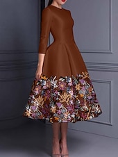 abordables Robes de cocktail-Robe cocktail élégante en A brodée floral robe formelle mariage longueur cheville manches longues col crew satin avec fente