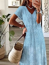 abordables Robes fleuries-Femmes Robe maxi Robe Décontractée Robe d&#039;Été Robe trapèze Élégant Vacances Occasionnel Fête Plage Coupe régulière A Ombre Fleuri Graphique Manche Courte Col en V Vert Claire Bleu Ciel Été Printemps