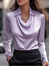 cheap Plain Tops-Women&#039;s Blouse Solid Color Elegant Long Sleeve Cowl Neck Regular Tops Daily Ruched Draped White Pink Wine Blue Purple Fall
