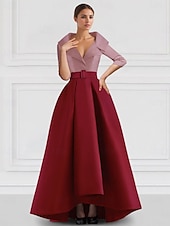 cheap BLUE-Blue Red A-Line Satin Formal Evening Gown Elegant Fall Wedding Guest Dress Tuxedo Dress Asymmetrical 3/4 Length Sleeve Shirt Collar with Pocket