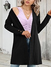 cheap Coats &amp; Trench Coats-Women&#039;s Casual Jacket Breathable Comfortable Buttons Casual Plain Vacation Street Casual Daily Wear Single Breasted Regular Collarless Regular Fit Long Sleeve Outerwear Black Apricot Gray Fall Winter