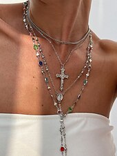 levne Dámský náhrdelník-Dámský vícevrstvý zlatý a stříbrný náhrdelník s přívěskem kříž a vícebarevnými korálky - módní náboženské šperky pro každodenní nošení, neformální výlety i zvláštní příležitosti