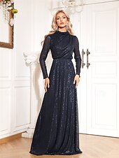 billiga BLÅ-A-linje stretchig paljett sjöjungfru / trumpet aftonklänning elegant klänning formell bröllopsklänning golvlång långärmad hög hals imitation hals med drapering 2025