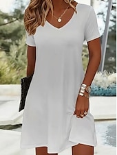abordables Robes décontractées blanches-Femmes Mini Robe Robe T-Shirt Robe d&#039;Été Robe trapèze Vacances Occasionnel Chaussures de plage Sortir Plage Uni Manche Courte Col en V Noir Blanche Été
