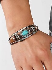 preiswerte Herrenschmuck-Türkisfarbenes Lederarmband für Herren mit Totenkopf und Metallakzenten, Bohème-Western-Stil, perfekt für die Freizeit und den Alltag