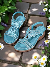 preiswerte Keilsandalen-Mit Strasssteinen verzierte blaue Keilsandaletten für Damen mit Blumenmuster und glitzerndem Design für Gartenpartys, Strandurlaube und Sommerspaziergänge
