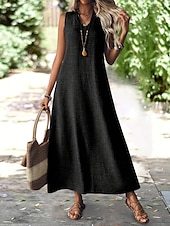abordables Robe blanche-Femmes Robe maxi Robe trapèze Robe d&#039;été Occasionnel Quotidien Coupe Ample Uni Sans manches Col en V Noir Rouge Bleu Abricot Été