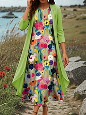 billige Blomsterkjole-Dame Kjolesett Skiftkjole Sommerkjole Fritid Nyanse Blomstret Multi Layer Trykt mønster Midikjole 3/4 ermer Crew-hals Daglig Blå Lilla Grønn Sommer Vår Normal