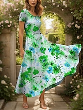 abordables Robes fleuries-Femmes Robe maxi Robe Décontractée Robe trapèze Robe d&#039;été Élégant Vacances Occasionnel Coupe régulière Fleuri Graphique Manche Courte Col carré Jaune Rouge Bleu Violet Été Automne