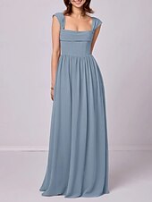 baratos Vestidos para Madrinhas-Vestido de madrinha linha A, alças, sem mangas, elegante, longo, chiffon, com pregas / franzido, 2025