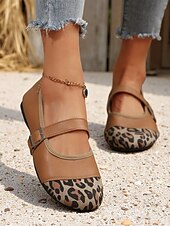 levne Dámské boty s plochou podrážkou-Dámské boty Mary Jane s leopardím potiskem a nastavitelným páskem, pohodlná ležérní barefoot obuv pro venkovní i každodenní nošení