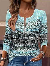 economico T-shirt Boho-Per donna Maglietta Ombre Gradiente di Colore Elegante Moderno Casual Manica Lunga Scollo a V Top Regolari Quotidiano Weekend Cerniera Stampato Rosa Blu Estate Primavera