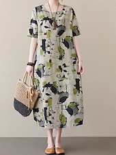 cheap Print Cotton &amp; Linen Dresses-Women&#039;s Maxi Dress Summer Dress Casual Daily Regular Fit Graphic Short Sleeve Crew Neck Gray Summer