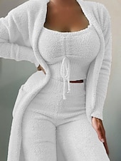 preiswerte Damen Schlafoberteile und -unterteile-Damen Schlafanzug Set 3-teilig Lässig Komfort Einfarbig Elastischer Bund Fuzzy Strickjacke Hose Heim Täglich Langarm Rundhalsausschnitt Schwarz Weiß Rosa Rote Grün Herbst Winter Normale Passform