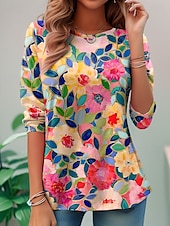 tanie koszulka w kwiaty-damska koszulka t-shirt casual print długi rękaw regular top okrągły dekolt codzienny biały niebieski fioletowy khaki wiosna jesień