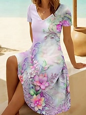 abordables Robes fleuries-Femmes Mini Robe Robe T-Shirt Robe d&#039;Été Robe trapèze Vacances Occasionnel Chaussures de plage Sortir Plage Fleuri Graphique Manche Courte Col en V Vert Claire Marron clair Violet Lilas Été