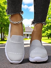 billige Sneakers til kvinner-Grå flyknit slip-on-sneakers til dame – hverdagssko for turgåing, ærender og fritid i parken