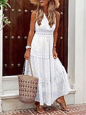 economico Abiti in pizzo bianco-Per donna Abito Lungo Maxi Abito Abito in Pizzo Abito Bianco Abito a trapezio Abito Semplice Essenziale Boho Linea A Spiaggia Vacanza Ferie Vestibilità regolare Senza Maniche Scollo a V Bianco Giallo