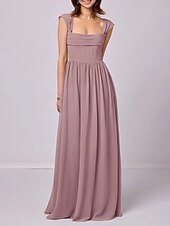 baratos Vestidos para Madrinhas-Vestido de madrinha linha A, alças, sem mangas, elegante, longo, chiffon, com pregas / franzido, 2025