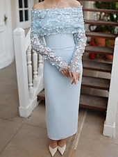 abordables Vestidos de cóctel-Vestidos Cóctel Azul Corte  Columna Capa Desmontable Crepé Elástico Vestido Elegante Formal Boda Largo de Té Sin Mangas Fuera de los Hombros con Encaje de Perlas Florales