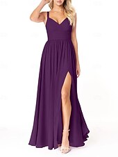 baratos Vestidos para Madrinhas-Vestido de dama de honra em corte A, decote em V, sem mangas, elegante, longo, em chiffon com pregas / frente aberta / franzido 2025