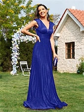 abordables BLEU-Robe A-Line Quinceanera Élégante Robe Formal Mariage Longueur Totale Sans Manches Décolleté en V Polyester avec Plis Sequin