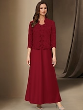 preiswerte Mit Jacke-A-Linie 3-teiliges Kleid für die Brautmutter, elegant, schlicht, lässig, U-Boot-Ausschnitt, knöchellang, Satin, lange Ärmel mit Spitze 2025