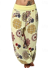 baratos perna larga e cintura alta-Mulheres Calças Calças Harem Calça Palazzo Moda Boho Comprimento total Cintura Média Imprimir Cintura elástica Confortável Micro-Elástica Rua Roupa Diária Para Noite Preto Branco Amarelo Rosa claro