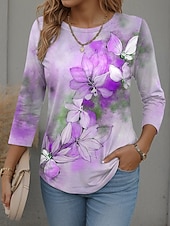 billige Blomster t-skjorte-Dame T skjorte Blomstret Grafisk Planter Stilfull Moderne Fritid Langermet Crew-hals Vanlige topper Daglig Helg Trykt mønster Gul Rosa Lilla Grønn Vår Høst