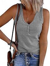 preiswerte Einfaches Tanktop-Damen Camisole-Tanktop Einfarbig Täglich Stilvoll Lässig Ärmellos V Ausschnitt Normale Oberteile Täglich Knöpfe Rosa Wein Blau Grau Sommer