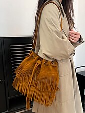 tanie Torby na ramię-damska torebka typu wiaderko ze sztucznego zamszu z frędzlami – boho torebka typu crossbody ze ściągaczem na niezobowiązujące wyjścia, festiwale i codzienne noszenie