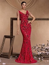 abordables ROJO-Vestidos de quinceañera de sirena/trumpet vestido elegante boda invitada de boda larga sin mangas con cuello de pico poliéster sin espalda con lentejuelas