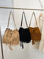 tanie Torby na ramię-damska torebka typu wiaderko ze sztucznego zamszu z frędzlami – boho torebka typu crossbody ze ściągaczem na niezobowiązujące wyjścia, festiwale i codzienne noszenie