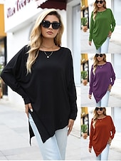 preiswerte Einfarbiges T-Shirt-Damen Hemd Mode Lässig Langarm Rundhalsausschnitt Lange Oberteile Täglich Patchwork Schwarz Rote Purpur Grün Grau Frühling Herbst
