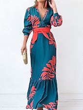 ieftine Rochii florale-Pentru femei Rochie Maxi Rochie A line Casual În aer liber Ieșire Fit regulat Floral Grafic Manșon Lung În V Albastru piscină Vară Primăvară