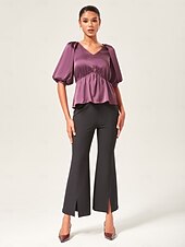 cheap Blouses &amp; Shirts-V-Neck Puff Sleeve Peplum Top