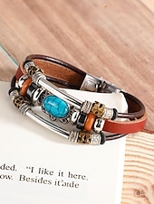 preiswerte Herrenschmuck-Türkisfarbenes Lederarmband für Herren mit Totenkopf und Metallakzenten, Bohème-Western-Stil, perfekt für die Freizeit und den Alltag