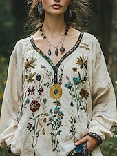 abordables Tops Boho-Blusa estilo bohemio estilo occidental para mujer, blusa con flores, moderna, informal, de manga larga, cuello en V, blusas de estilo regular, para uso diario, vacaciones, salidas, estampado beige,