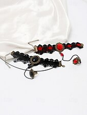 billige Halloween-tilbehør-gotisk blonderarmbåndsring satt med rød edelsten, vintage kjedehåndsmykke til halloweenfest, cosplay og antrekk i retrostil