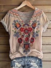 tanie T-shirt boho-Damskie Podkoszulek Kwiaty Graficzny W Tureckie Wzory Bohema Zabytkowe Elegancki Krótki rękaw W serek Zwykłe topy Codzienny Wyjściowe Weekend Nadruk Niebieski Khaki Lato Wiosna