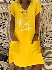 ieftine Rochii Boho-Pentru femei Rochii Midi Rochie de in Rochie casual Rochie Boho Rochie imprimata Elegant Modă Clasic Mâneci Bufante Vacanță Concediu Rochie de toamna Fit regulat Păpădie Manșon scurt În V Galben