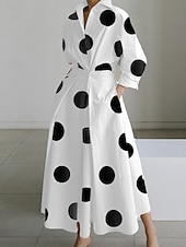 preiswerte Streifen- und geometrisches Kleid-Damen Maxikleid A Linie Kleid Lässig Outdoor Ausgehen Standard Passform Tupfen Langarm Umlegekragen Weiß+Schwarz Schwarz Weiß Sommer