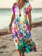 abordables Robes fleuries décontractées-Femmes Robe Longue Maxi Robe Robe Décontractée Robe d&#039;été Mode Extérieur Soirée Fête Coupe régulière Fleur Manche Courte Col en V Jaune Bleu Violet Marron Été